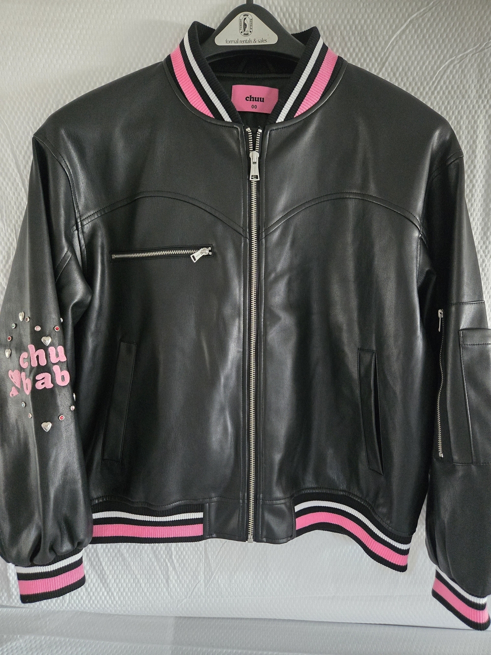CHUU Black Faux Leather Varsity Jacket with Pink Trim